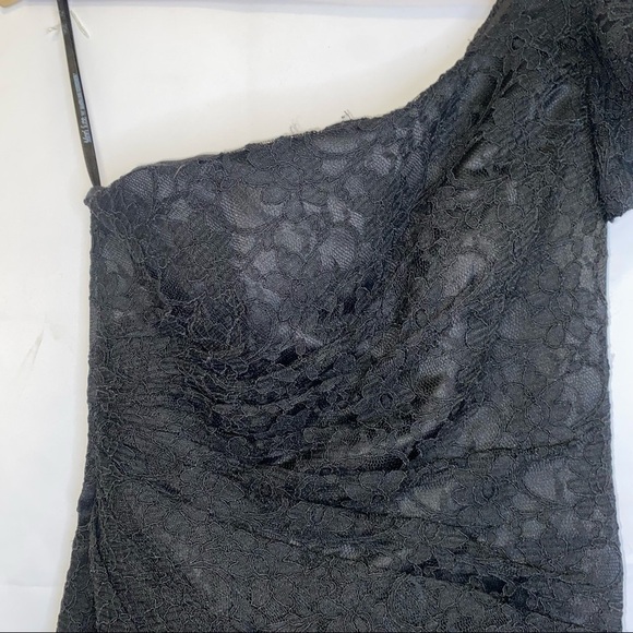 Mori Lee Style 31020 Black Lace One Shoulder Bridesmaid Midi Dress Size 8 - Picture 8 of 12